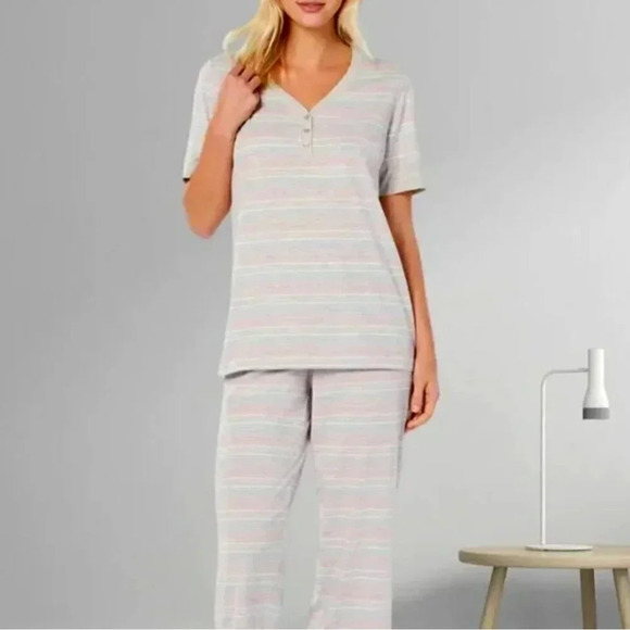 Charter Club. Women's Pajama Top and Pants Set Gray and Pink Striped Plus Size - Picture 1 of 6